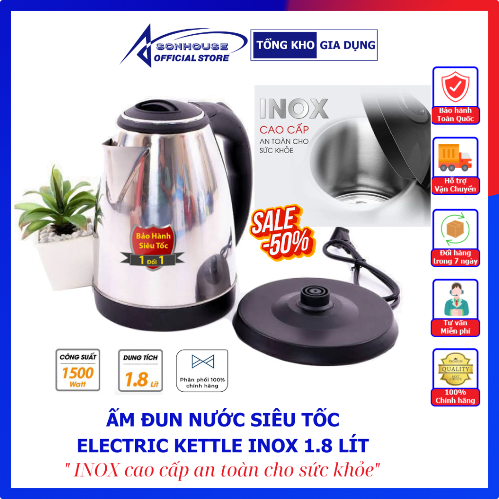 Ấm siêu tốc, Ấn đun siêu tốc Electric Kettle mini 1L8 bằng inox cao cấp bảo hành 1 đổi 1