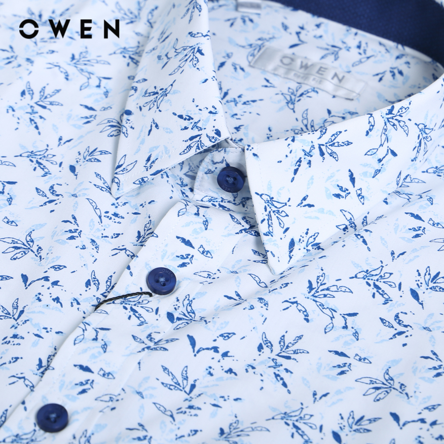 OWEN - Áo sơ mi ngắn tay Nam Owen dáng Body Fit màu Trắng in hoạt tiết chất liệu  Bamboo - AB230349N