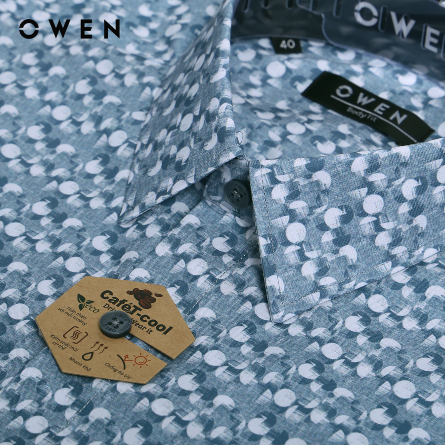 OWEN - Áo sơ mi ngắn tay Nam Owen dáng Body Fit màu Xanh hoạ tiết chất liệu Cafe - AB230755NT