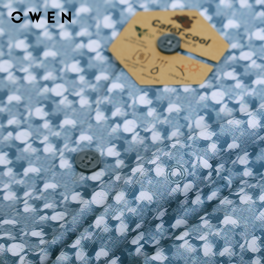 OWEN - Áo sơ mi ngắn tay Nam Owen dáng Body Fit màu Xanh hoạ tiết chất liệu Cafe - AB230755NT