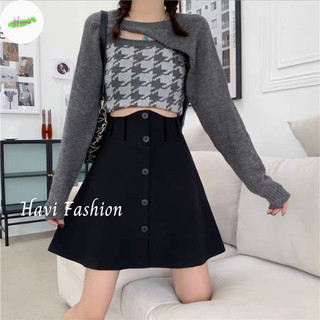 Chân váy xòe bigsize Haviss thiết kế cạp cao phối nhung vải vintex đẹp cúc dọc thời trang Hàn Quốc