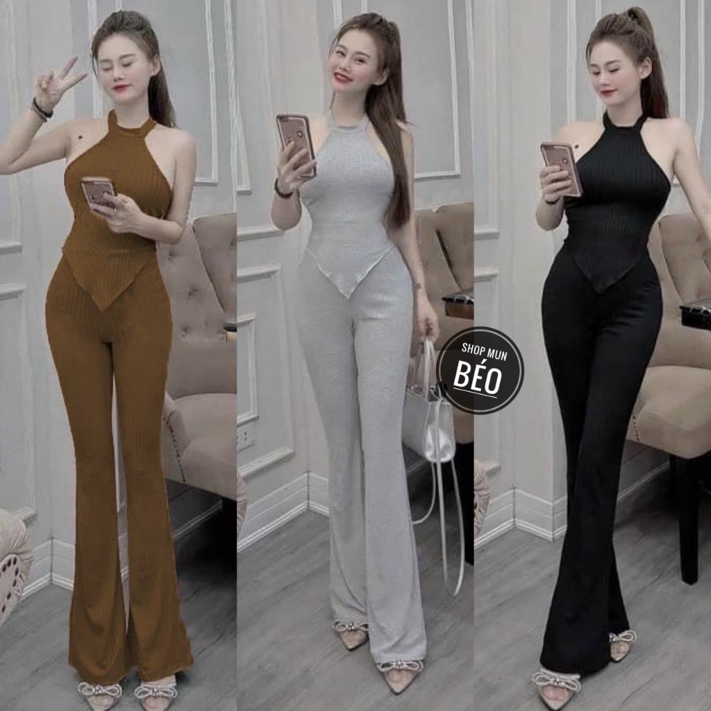 Set bộ áo yếm kèm quần dài ống loe chất thun gân xương cá co giãn chính phẩm thích hợp mặc đi chơi đi dạo đi tiệc