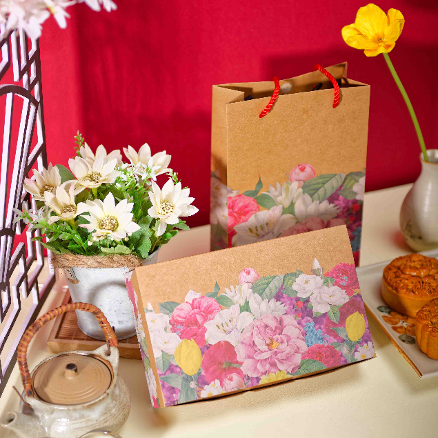 Hộp Đựng Bánh Trung Thu Giấy Kraft In Hoa Vintage Đựng 4 Bánh Hoặc 6 Bánh Loại 50gr