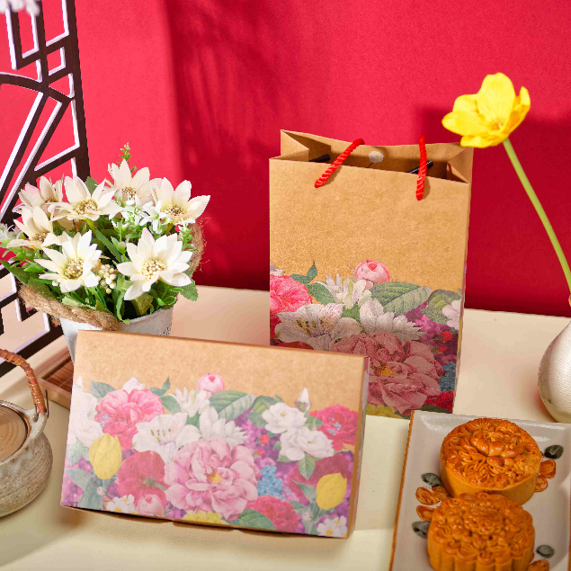 Hộp Đựng Bánh Trung Thu Giấy Kraft In Hoa Vintage Đựng 4 Bánh Hoặc 6 Bánh Loại 50gr