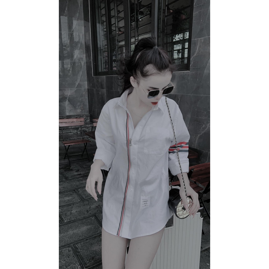 Áo sơ mi nam nữ khóa dài tay kết hợp 4 vạch