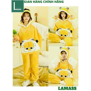 Bộ ngủ lông vàng hoạ tiết mèo ngộ nghĩnh đáng yêu kute, Bộ lông mùa đông dễ thương