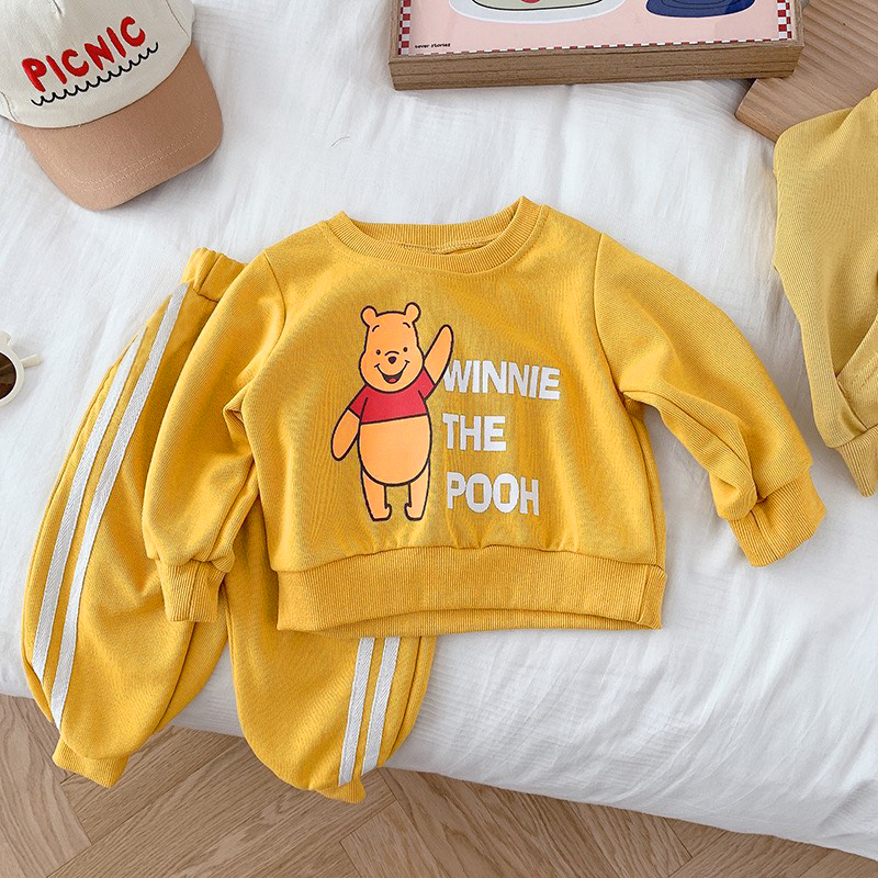 TE394- Bộ áo +quần dài tay Hokiha Kid cho bé trai bé gái hình gấu Pooh chất da cá mềm mại, co giãn size 8-18kg