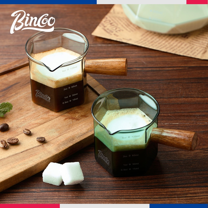 BinCoo | Cốc Đong Thuỷ Tinh Quai Gỗ 120ml_Màu Xanh