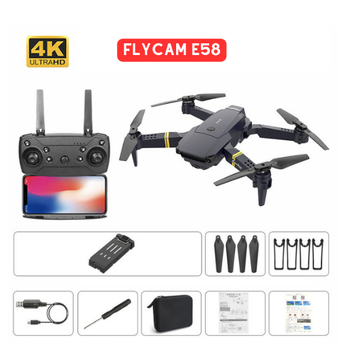 flycam mini giá rẻ E58 có camera 4K , điều khiển từ xa quay phim, kết nối wifi có tay cầm điều khiển