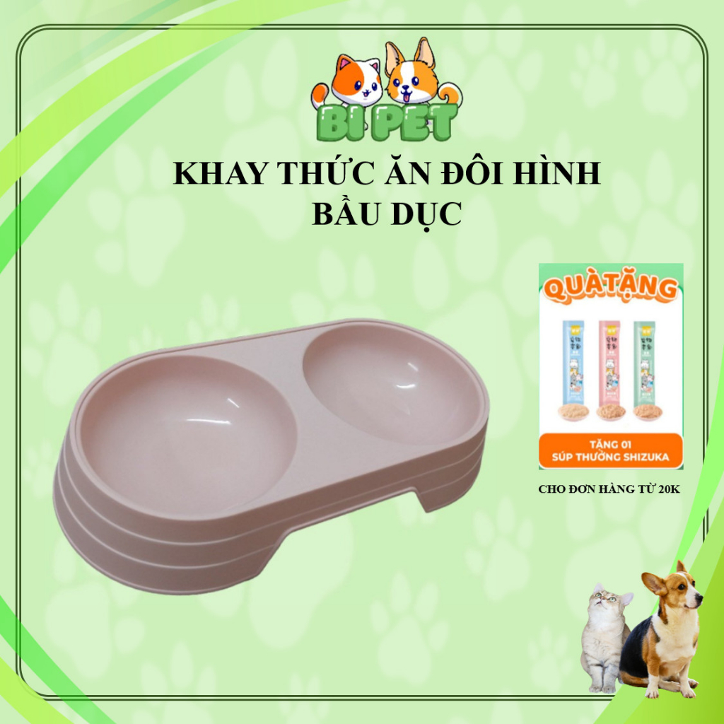 Bát đựng thức ăn, Khay thức ăn đôi cho chó mèo bằng nhựa an toàn, chắc chắn hình bầu dục - BI PET