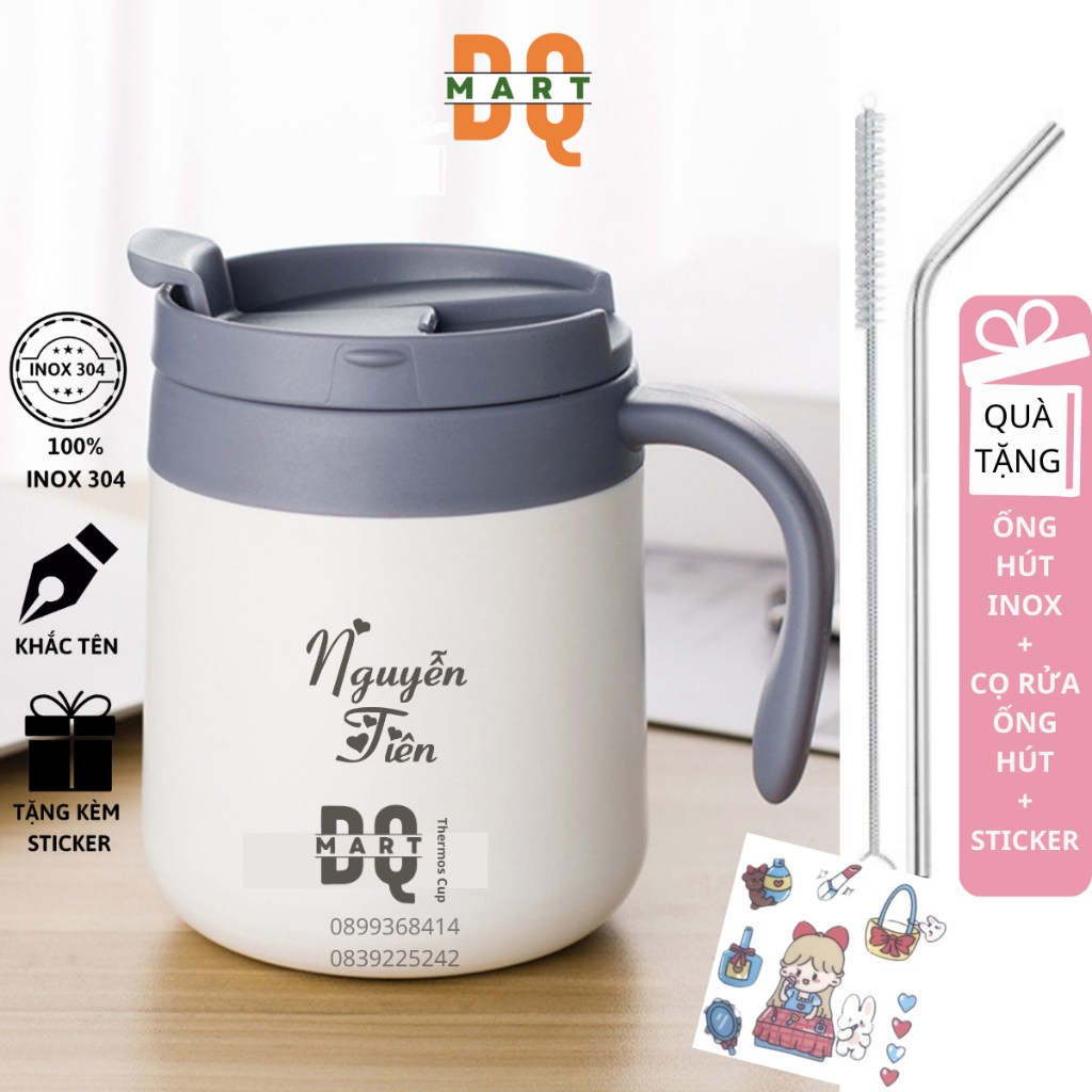 Cốc Giữ Nhiệt inox 304 DQMart 500ml Ly Giữ Nhiệt Đựng Cafe Văn Phòng Có Tay Cầm Chất Liệu Cao Cấp An Toàn