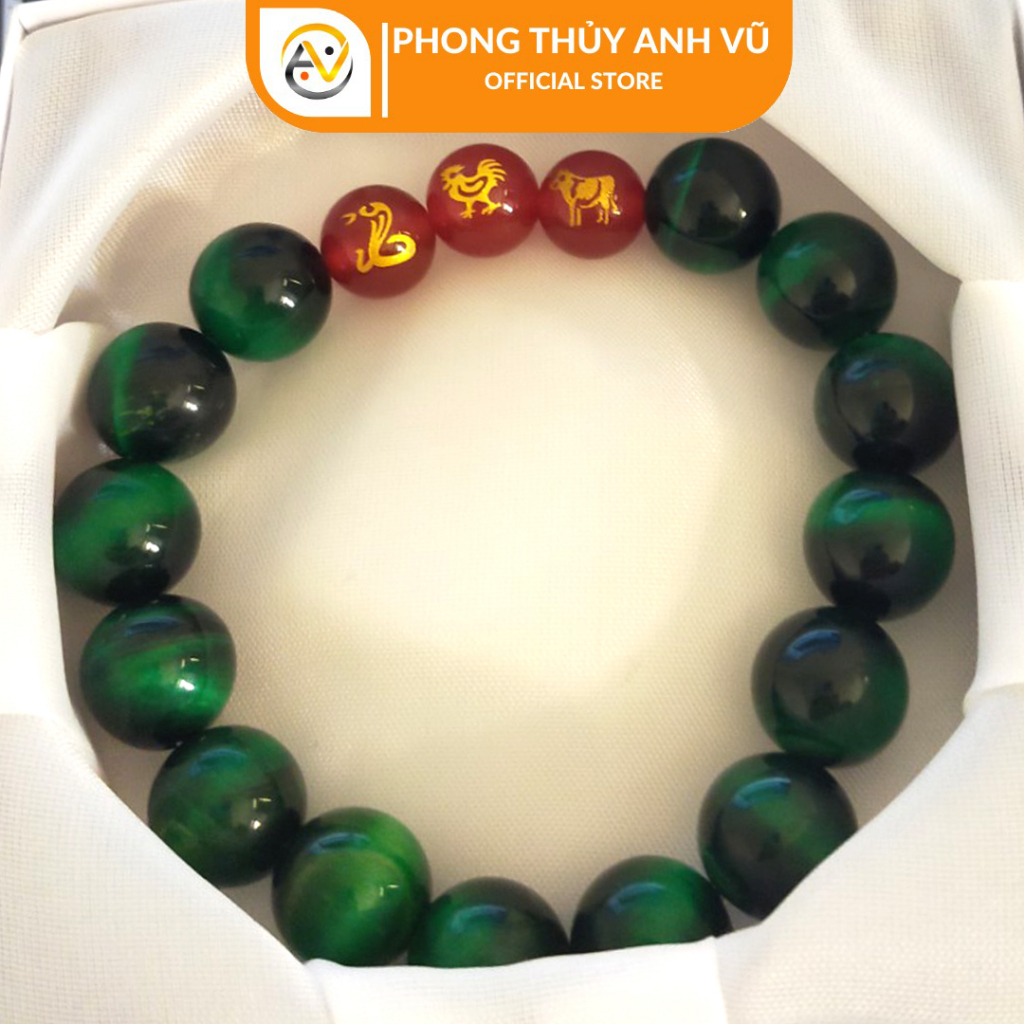 Vòng phong thủy tam hợp tỵ dậu sửu mắt hổ xanh lục - Vòng tam hợp quý nhân quý thần may mắn - Bảo hành 12 tháng