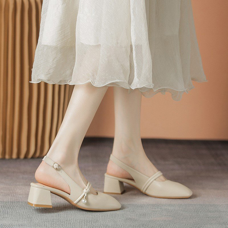 Sandal slingback - Giày sandal Bít Mũi QIAN Da Mềm Cao 5p QCC Fullbox