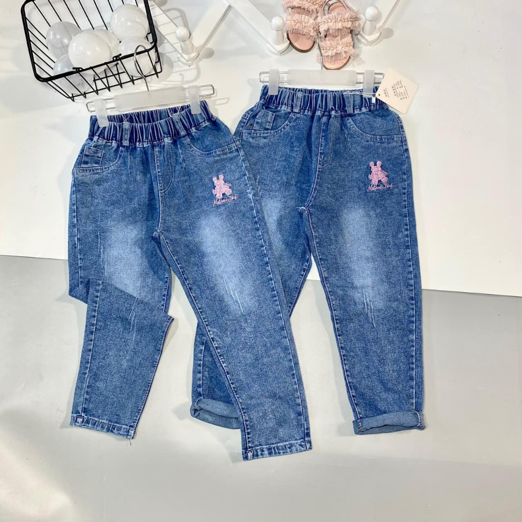 Quần Jean Dài Bé Gái Chất Cotton Mềm Co Giãn, Quần Bò Bé Gái