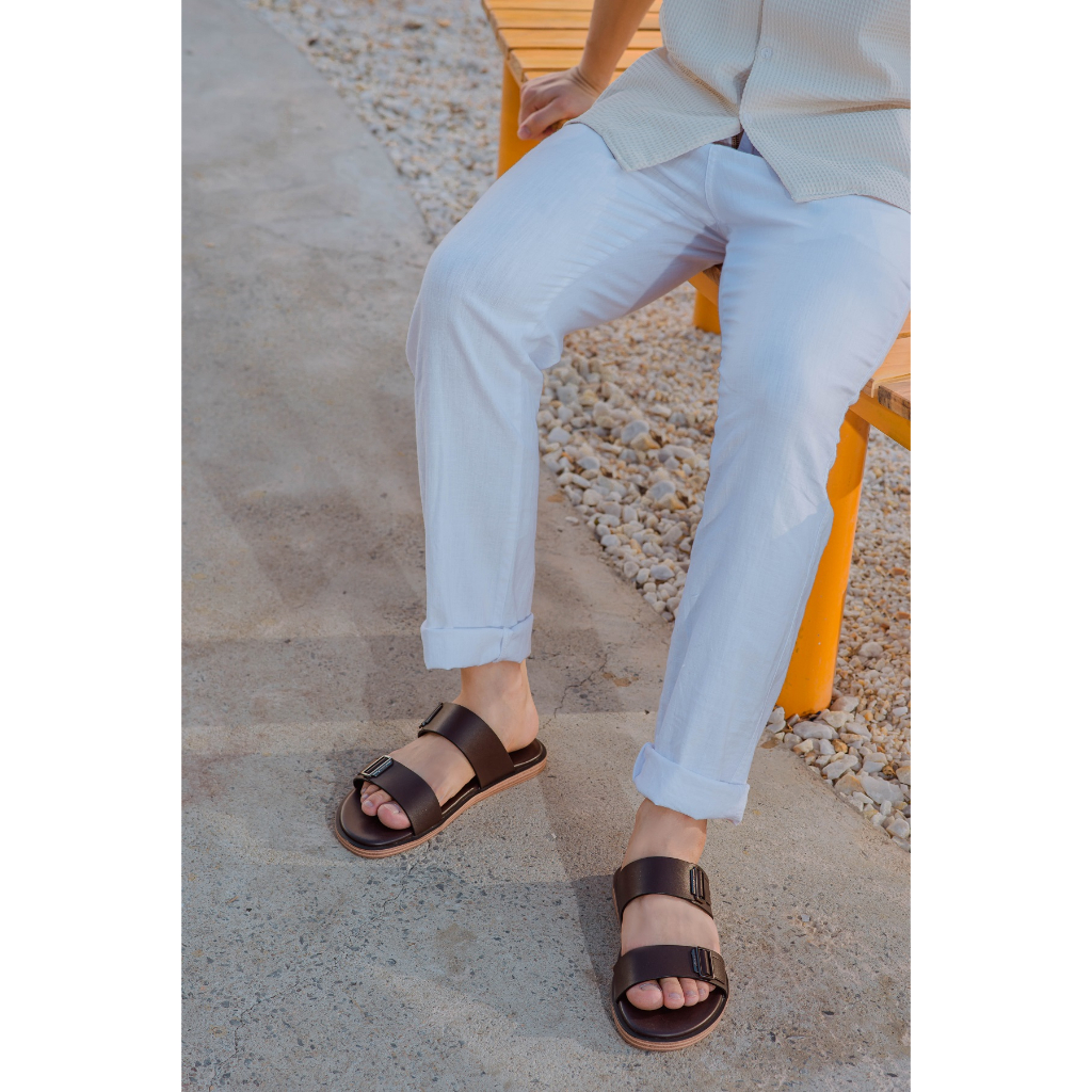 Dép da nam đế bằng 2 quai ngang chắc chắn form êm chân BQ D 2023-37