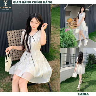 Váy voan babydoll nơ cổ 2 lớp tay ngắn - Đầm tiểu thư công chúa bánh bèo dáng ngắn nữ tính - LAIKA V140