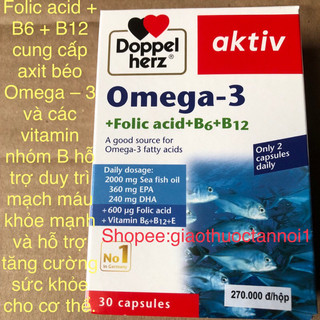 Dầu cá Doppelherz Omega-3 Folic Acid + B6 + B12 tăng cường sức khỏe hệ tim mạch, trí não, thị lực ...