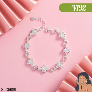 V192 Lắc tay Tennis cắt kiểu tròn đan xen cỏ 4 lá đính đá Bạc thật Thiên Cát s950
