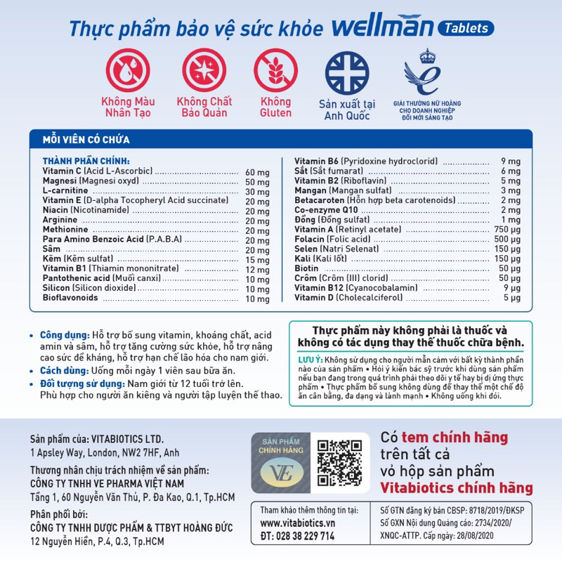 Viên uống WELLMAN hỗ trợ tăng cường sức khoẻ cho phái mạnh hộp 30 viên