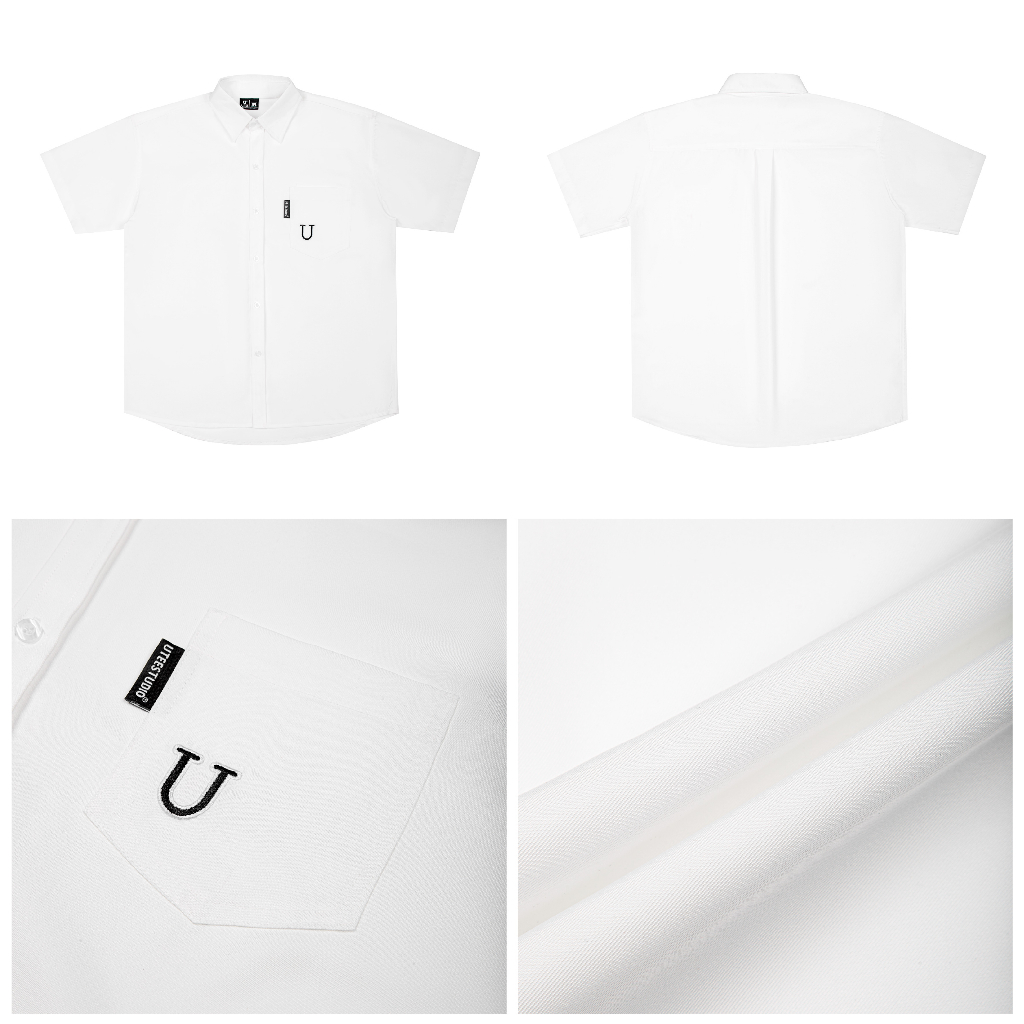 Áo Sơ Mi Tay Ngắn U Logo Thêu Unisex Form Rộng Hàn Quốc Chất Liệu Cotton Silk