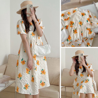 [THANH LÝ] Đầm/Váy babydoll hoa cam dáng dài nền vàng nhạt tay bồng chất xốp bồng bềnh - Momiji Store