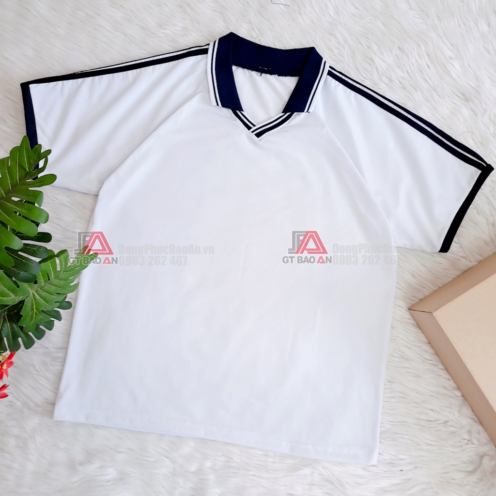 Áo Thun Thể Dục Nam Nữ Cổ Bẻ Cho Học Sinh Tiểu Học, Trung Học, Áo Thể Dục 3 Sọc Vai Xanh Đen
