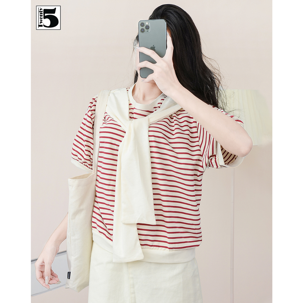 Áo thun nữ Twentyfive cổ tròn thắt nơ thủy thủ họa tiết kẻ ngang vải mắt chim co dãn thấm hút 4874