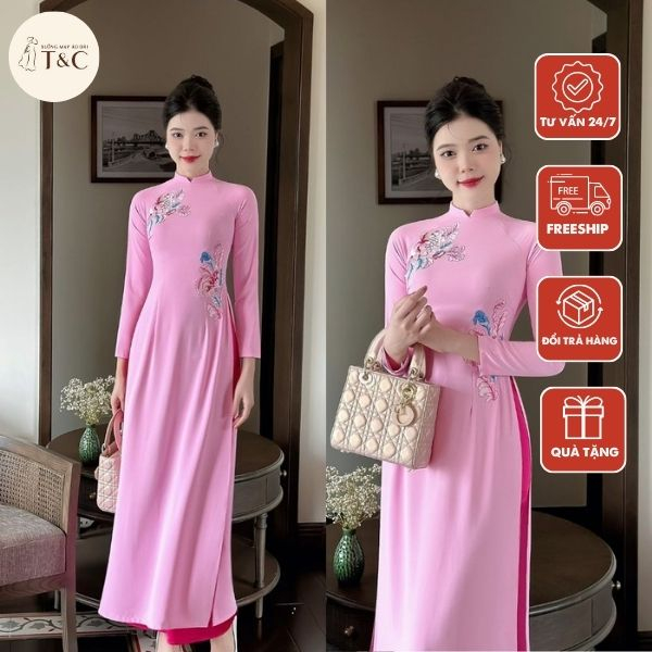 Áo dài truyền thống chất liệu lụa Mỹ loại 1 thêu hoa cao cấp - Xưởng Áo Dài Cách Tân - AD43