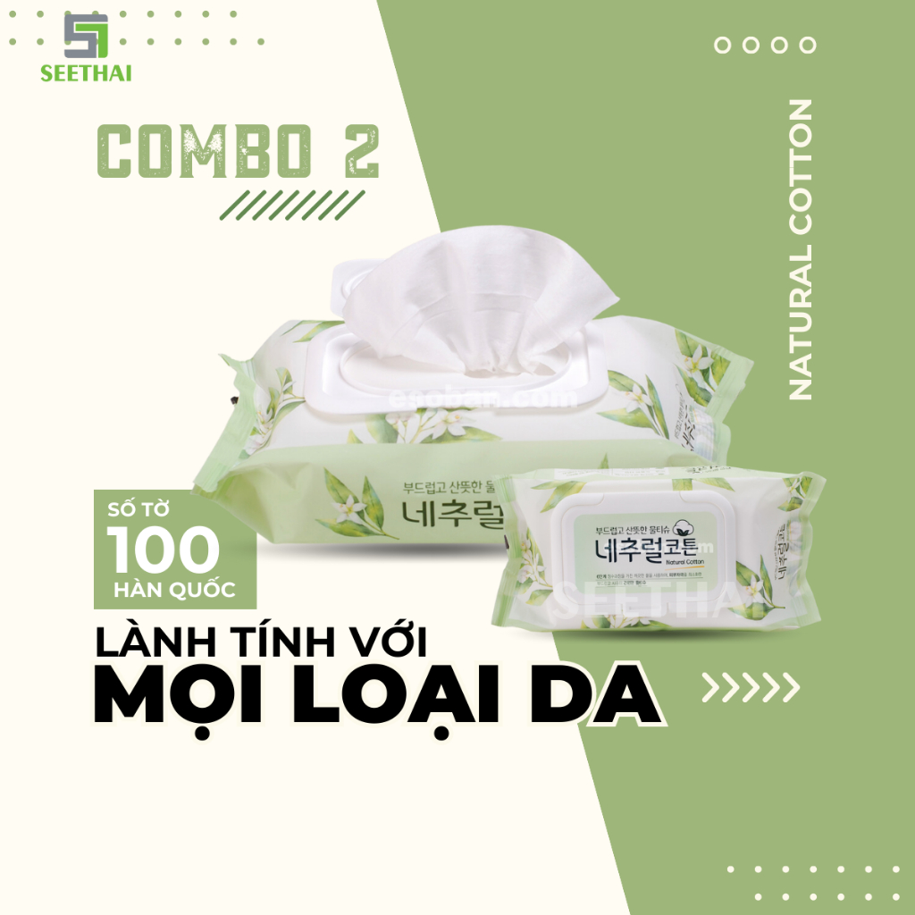 Khăn ướt thấm hút nhanh NATURAL COTTON Hàn Quốc - túi 100 tờ