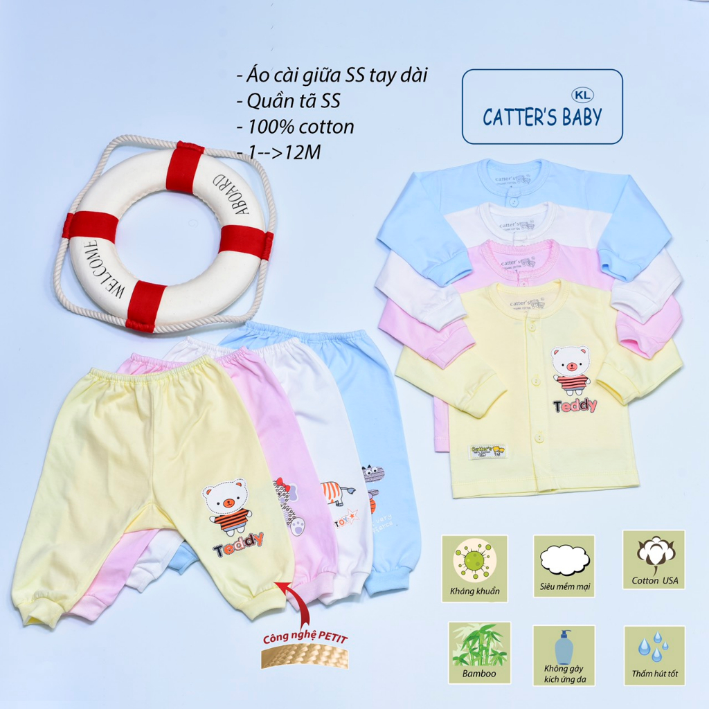 Bộ Thun Tay Dài Sơ Sinh Cao Cấp 4 Màu.