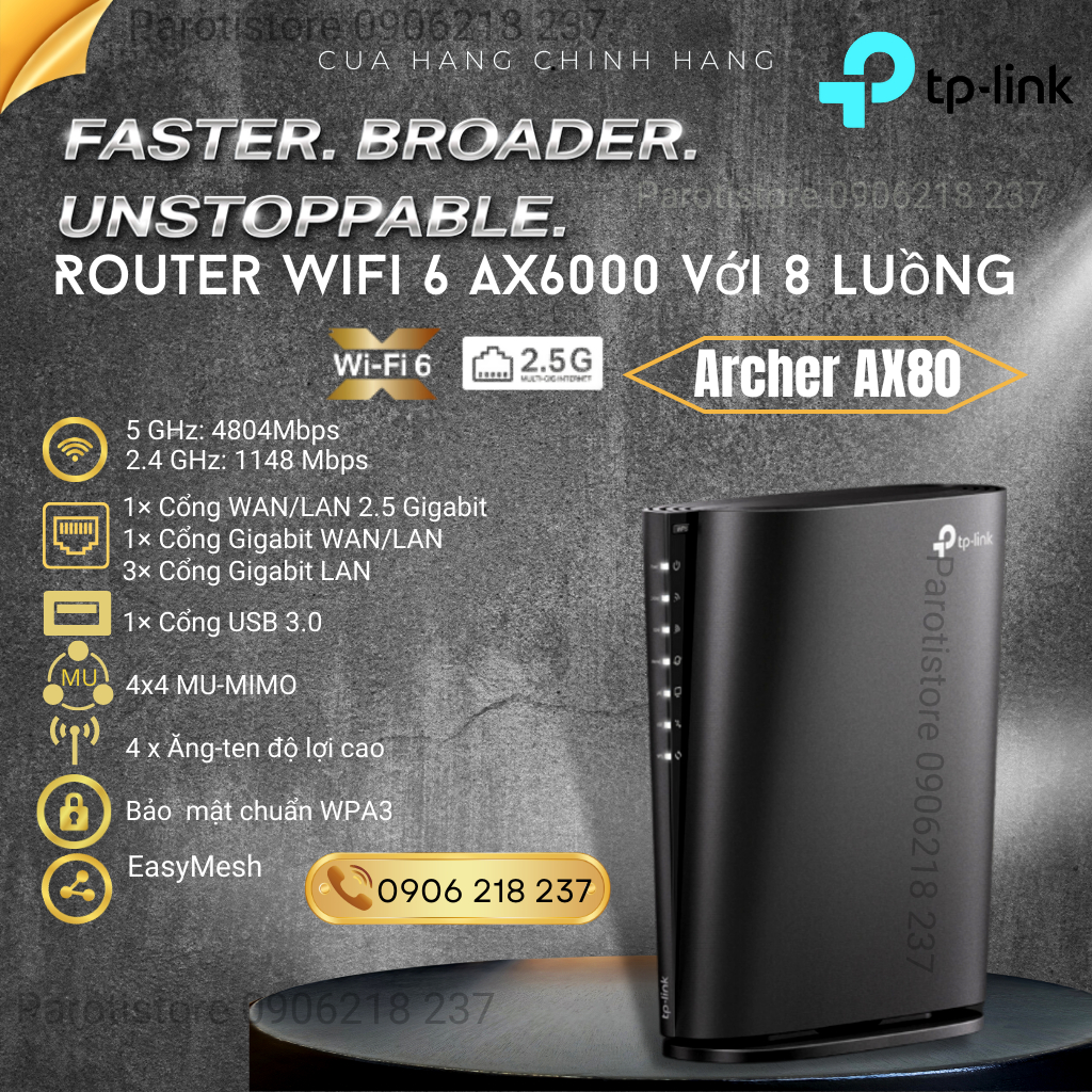 Bộ Phát Wifi TP-Link Archer AX80 8 Luồng Với Cổng 2.5G AX6000Mpbs_chính hãng, mới 100%