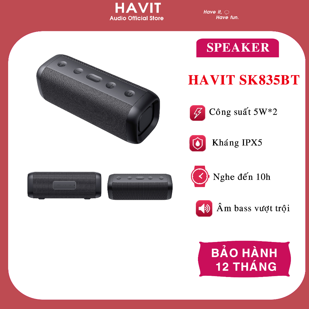 Loa Bluetooth HAVIT SK835BT Công Suất 5W*2, BT 5.0, IPX5 - Thời Gian Chơi Nhạc Lến Đến 10h - Chính Hãng BH 12 Tháng