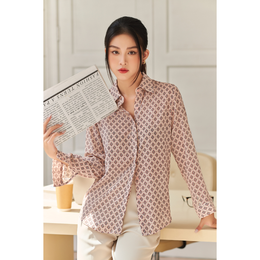 Áo Sơ Mi Nữ Công Sở GILLEE Lụa Họa Tiết Hình Thoi Nhỏ FAS254