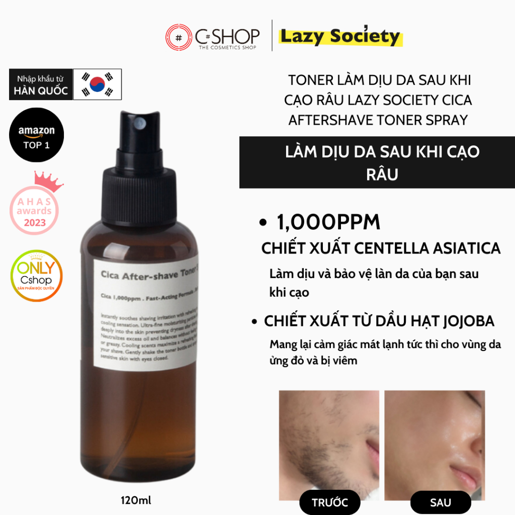 Nước hoa hồng dạng xịt Lazy Society Cica Aftershave Toner Spray 120ml giúp giảm mụn, phục hồi sa cho nam giới