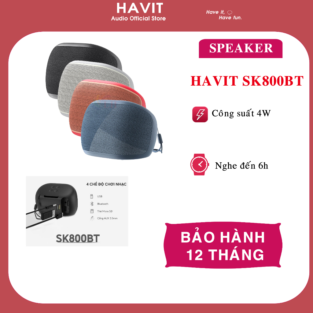 Loa Bluetooth HAVIT SK800BT Thiết Kế Nhỏ Gọn, BT 5.0, Công Suất 4W, Thời Gian Chơi Lên Đến 6H - Chính Hãng