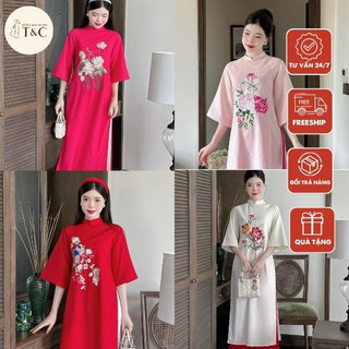 Áo dài cách tân nhiều màu cổ tàu tay lỡ chất liệu Linen thêu hoa -  Xưởng Áo Dài Cách Tân - AD60.1