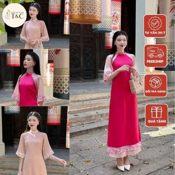 Áo dài cách tân cổ tàu chất liệu lụa phối ống tay trơn kết hợp viền hoa cao cấp - Xưởng Áo Dài Cách Tân - AD56