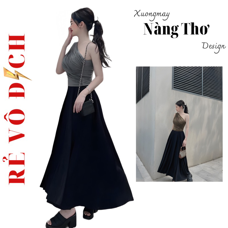 S773 set áo lệch vai + chân váy xòe dáng dài chất côtton Hàn mát lạnh