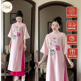 Áo dài màu hồng cách tân cổ tàu tay lỡ chất liệu Linen thêu hoa -  Xưởng Áo Dài Cách Tân - AD63