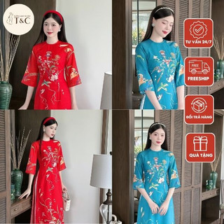 Áo dài cách tân chất liệu tơ óng in họa tiết cao cấp- Xưởng Áo Dài Cách Tân - AD64
