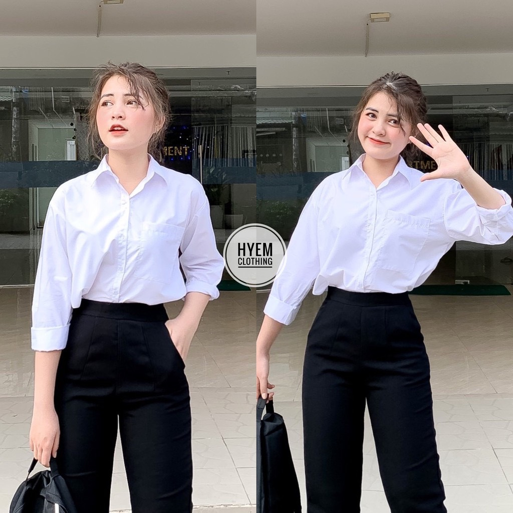 Áo sơ mi trắng form rộng dài tay  túi ngực cổ bẻ Hari GenZ 35 P3K5