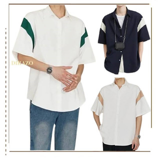 Áo sơ mi nam nữ tay ngắn Unisex form áo rộng,họa tiết phối viền cánh tay,tạo nên phong cách mới phá cách hiện đại-DIRAZO