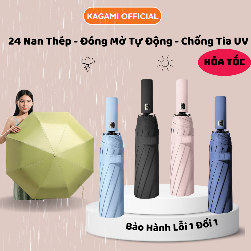 Ô Che Mưa Kagami 24 Nan Đóng Mở Tự Động Gấp Gọn Chống Tia UV Chống Gió Giật Hiệu Quả