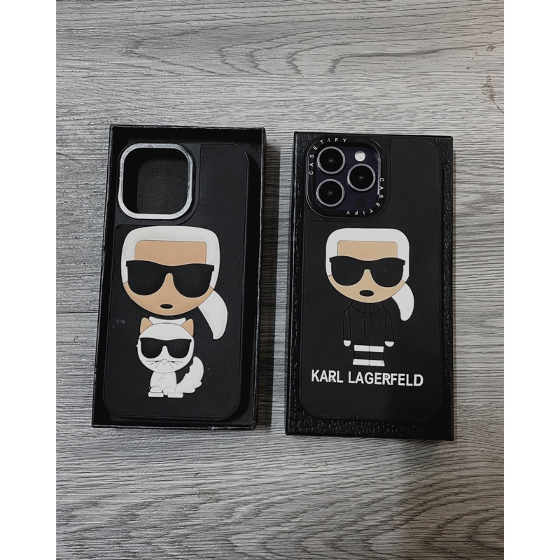 Ốp lưng đen casetify KARL ĐEO KÍNH - MÈO chống bẩn cạnh vuông cho i phone 7 đến 14promax