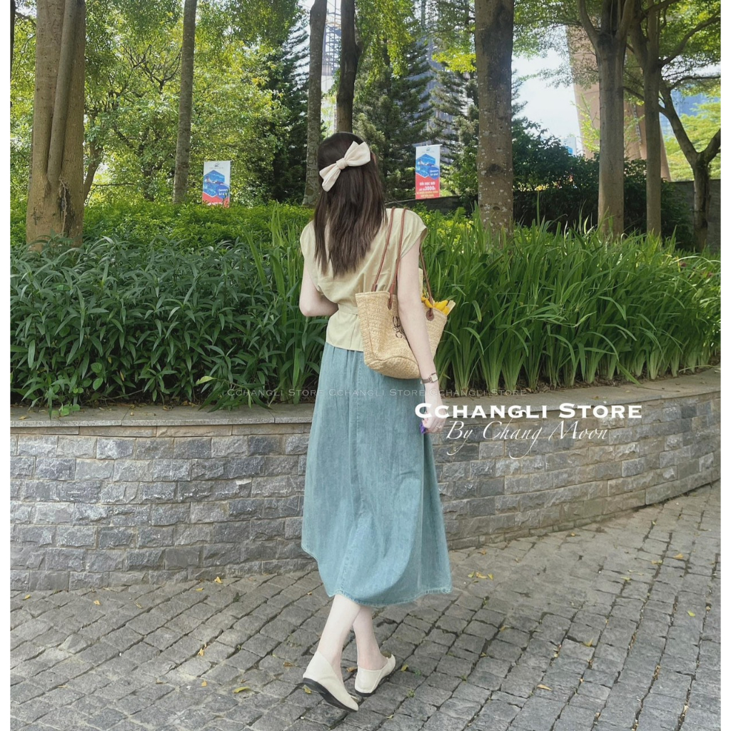 SET ÁO TAY CỘC NÚT ĐÔI XANH MINT THẮT DÂY NƠ EO + CHÂN VÁY MIDI JEAN CHIẾT EO