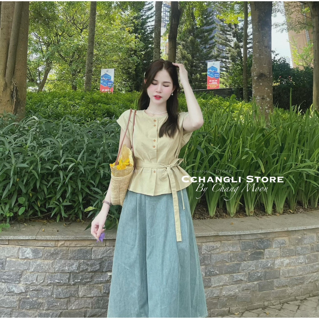 SET ÁO TAY CỘC NÚT ĐÔI XANH MINT THẮT DÂY NƠ EO + CHÂN VÁY MIDI JEAN CHIẾT EO