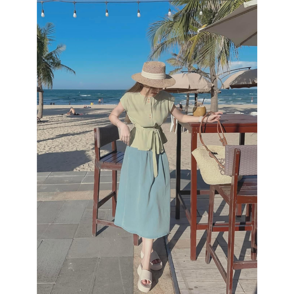 SET ÁO TAY CỘC NÚT ĐÔI XANH MINT THẮT DÂY NƠ EO + CHÂN VÁY MIDI JEAN CHIẾT EO