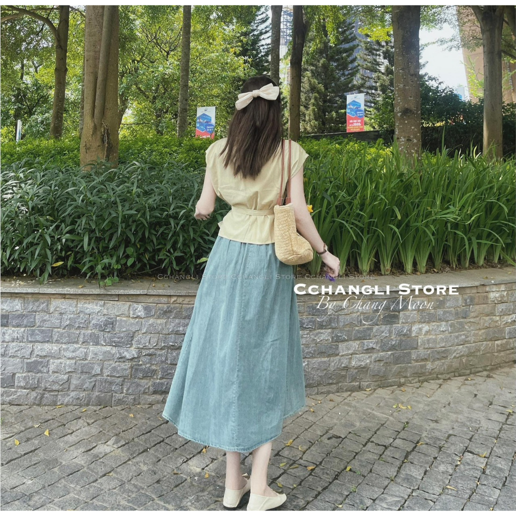 SET ÁO TAY CỘC NÚT ĐÔI XANH MINT THẮT DÂY NƠ EO + CHÂN VÁY MIDI JEAN CHIẾT EO