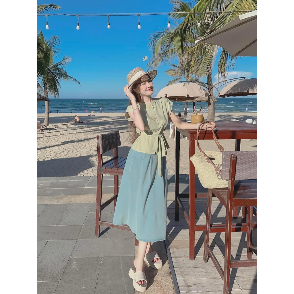 SET ÁO TAY CỘC NÚT ĐÔI XANH MINT THẮT DÂY NƠ EO + CHÂN VÁY MIDI JEAN CHIẾT EO