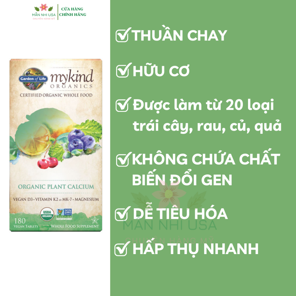Viên uống Canxi thực vật hữu cơ thuần chay Garden Of Life Mykind Organics Plant Calcium 180 viên.